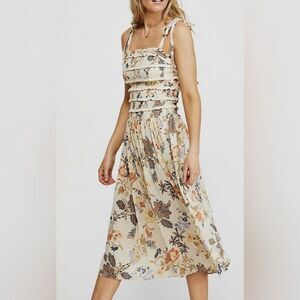 Free People Isla Floral Print Tiered Ruched Midi Dress Ivory Women's Size XS